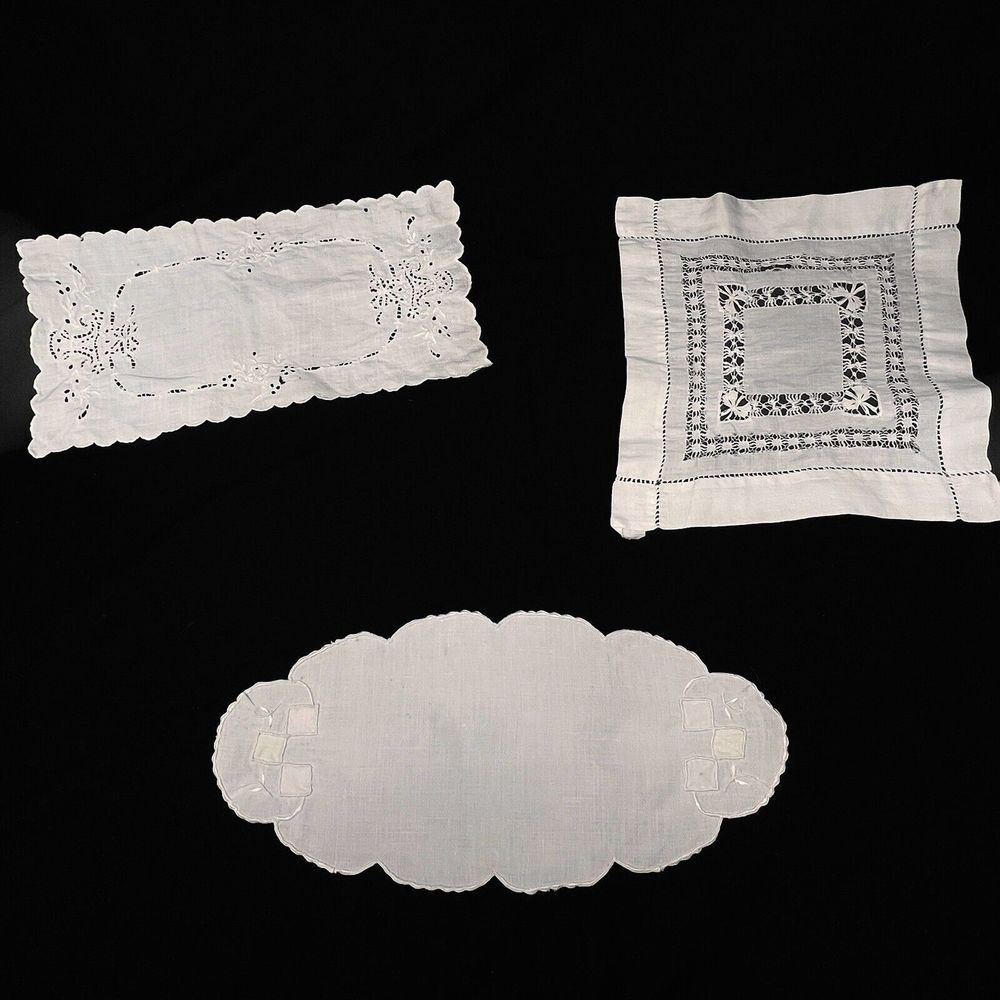 3 Vintage beige/ecru‎ Linen Cut-work Handkerchiefs w/Embroidery Lace Detail